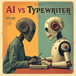 AI versus typewriter — contrast between traditional writing and modern artificial intelligence creativity.
